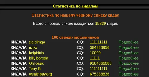 Russian message board keeping track of 'kidala' or 'ripper' who have been blacklisted.\r\n(Source: Recorded Future)\r\n