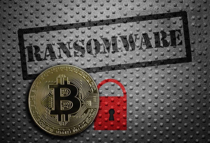 The word RANSOMWARE, a picture of a coin with B (for Bitcoin) on it, and a padlock