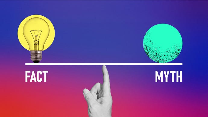 The words "Fact" and "Myth" are balanced on a fingertip