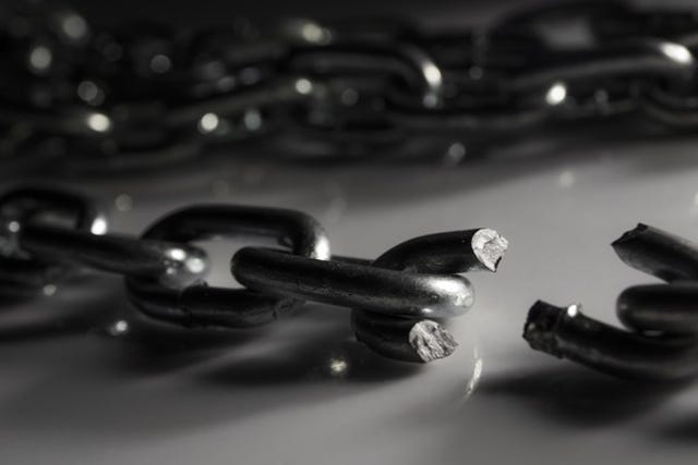 A broken link in a chain depicting a supply chain "break"