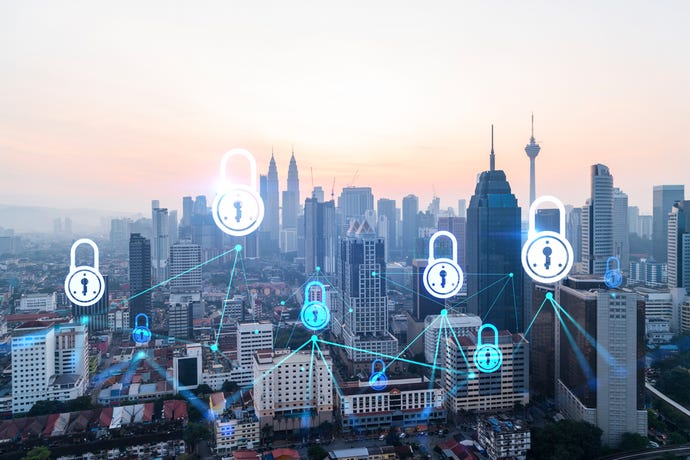 hologram of padlock against background of city