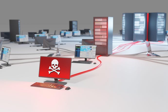 3D illustration of compromised computer connected to a network