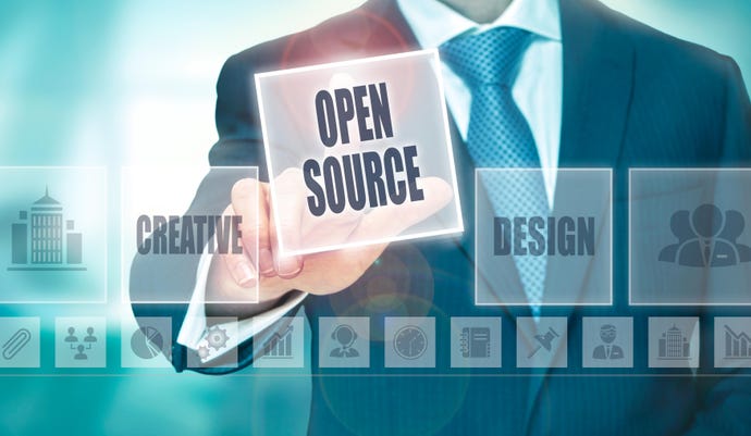 Illustration of a business man pushing a button that reads "open source"