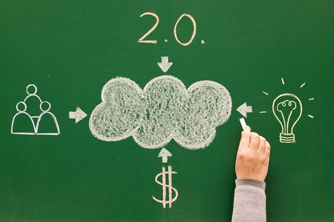 person drawing cloud computing concept on green chalkboard