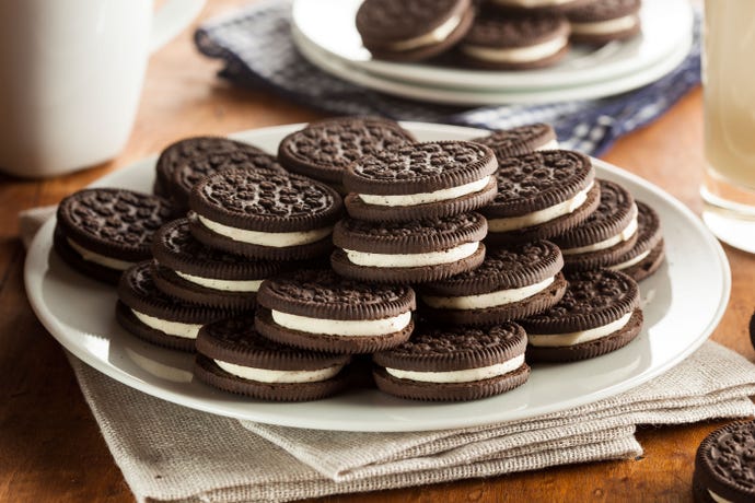 A plate of Oreo creme-filled chocolate sandwich cookies