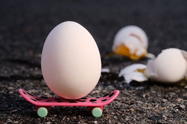 An egg rides a pink leopard print skateboard past two broken eggs