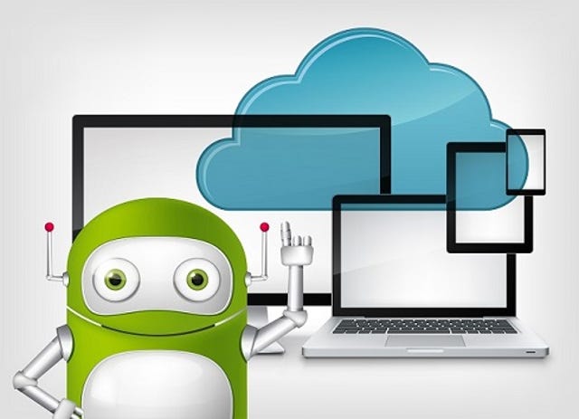 green robot pointing up to a cloud beyond some computers