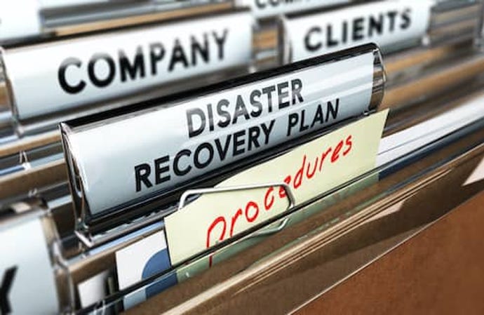 Paper files labeled Company, Clients, and Disaster Recovery Plan, with yellow sticky note reading "Procedures"