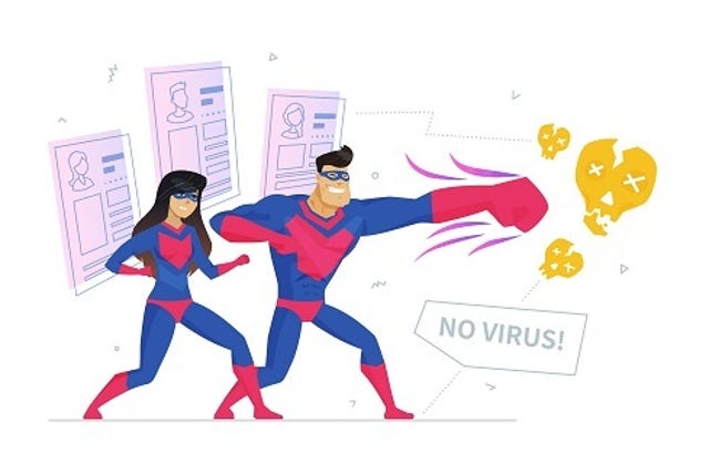 superhero duo punching computer viruses