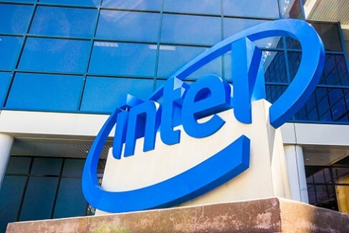 Photo of Intel logo sign in front of an office building