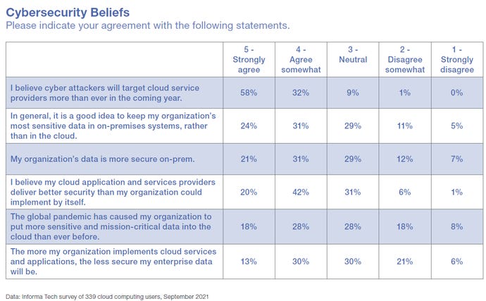 Table of IT professionals' responses to cloud security questions, labeled as Cybersecurity Beliefs