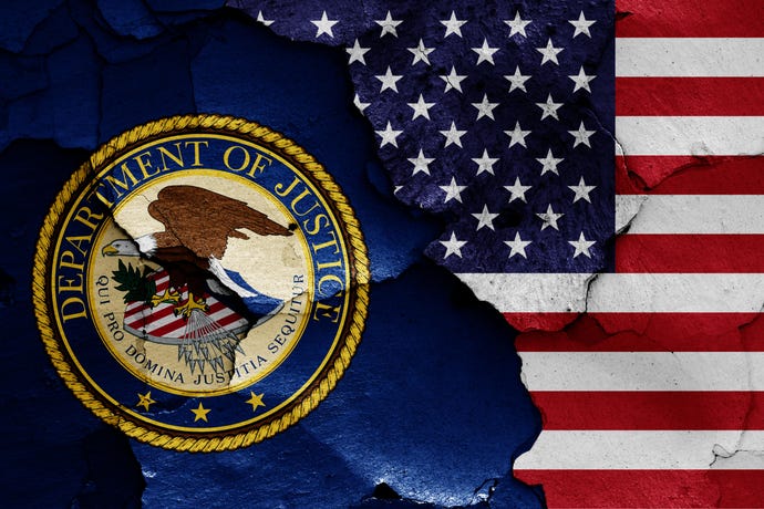 Concept art with American Flag and DOJ seal 