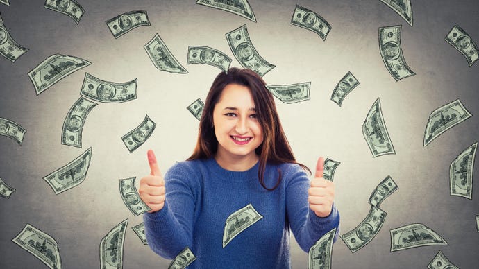 Woman giving thumbs up while it rains cash