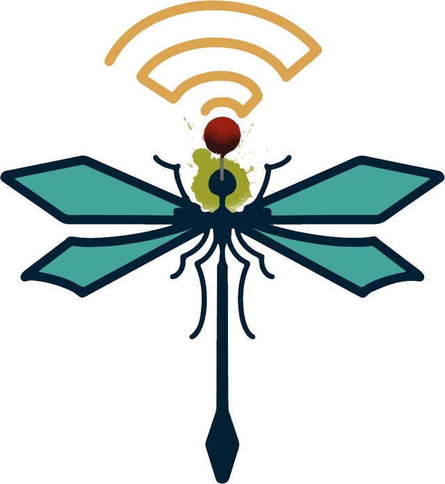Line-art illustration of a flying bug with a network signal coming from its pinned and squished head