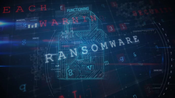 The word "ransomware" over a digital image of a padlock