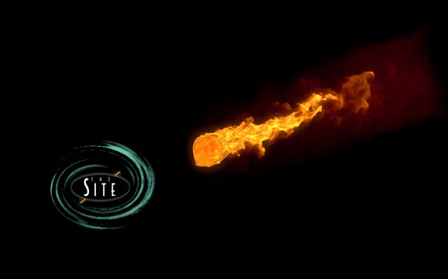 Photo illustration of a fiery meteor streaming toward the swirly teal logo for the television show The Site
