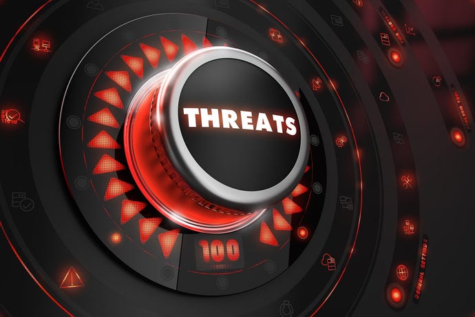 red and black button with the word threats on the knob