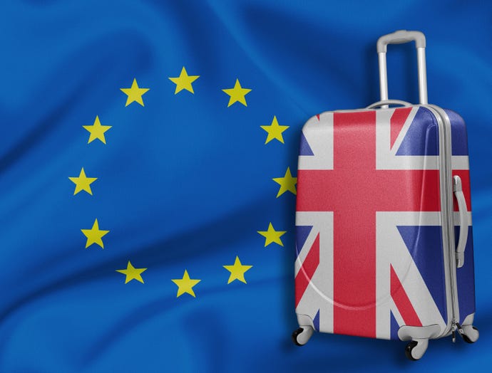 Suitcase with Union Jack in front of EU sign to illustrate Brexit