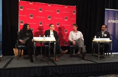 Left to right: Aparna Ramesh, CFO of the Federal Reserve Bank of Boston; Pietr Lindahl, head of cyber threat reduction and strategic analysis at Philips; Kristian Talvitie, CFO of Sovos; and Scott Ward, CFO of Cybereason\r\n(Source: Joe Stanganelli for Security Now)\r\n