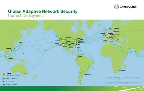 A map depicting CenturyLink's current and planned Adaptive Network Security gateways throughout the world.\r\n(Source: CenturyLink)\r\n