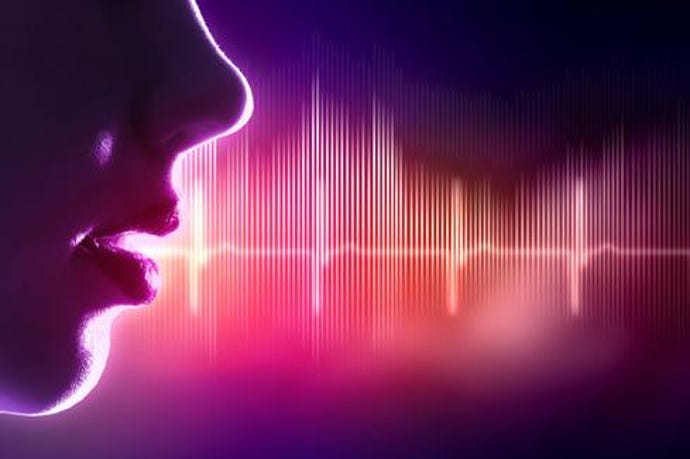 A person speaking with voice wave patterns.