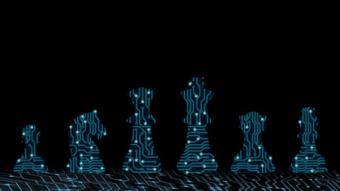 Digital AI strategy illustration of virtual circuit-board-looking chess pieces king, queen, and knight.