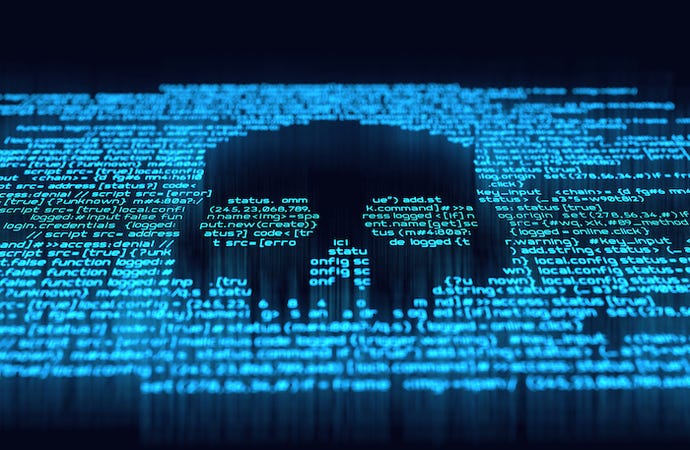 Skull on a screen with text.
