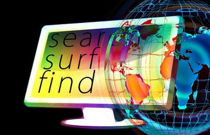 A display screen with the words "search, surf, find" juxtaposed against a drawing of the earth.