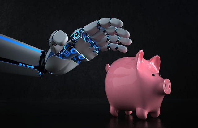 Robot Hand hovering over a Piggy Bank