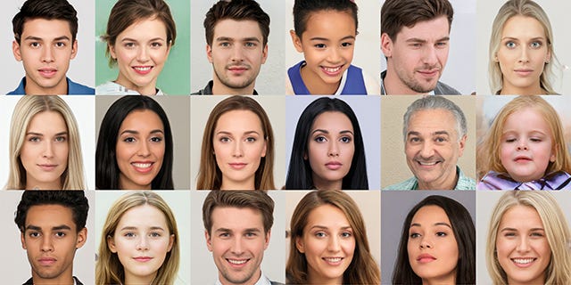 A collection of AI-generated, realistic faces of men, women, and children