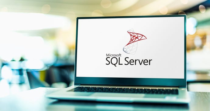 laptop computer displaying logo of Microsoft SQL Server, a relational database management system developed by Microsoft