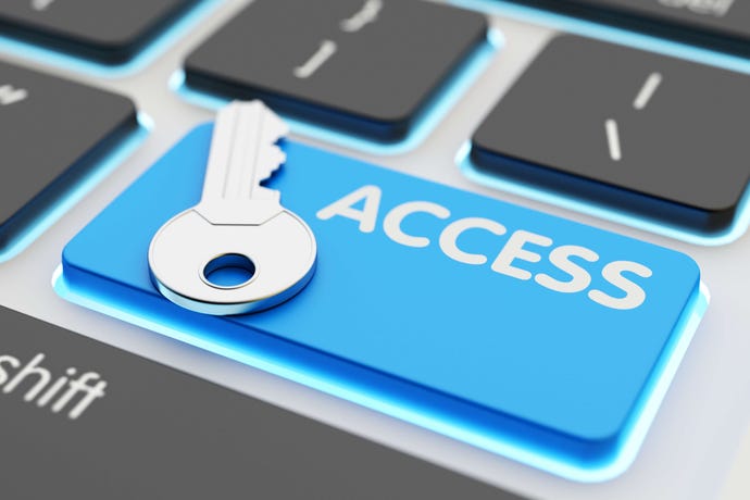 Edited photo of accessibility and authorization concept, metallic key on blue keyboard button marked Access