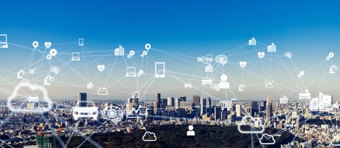 Cityscape with overlay of IoT connected devices