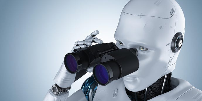 3d rendering of a robot with binoculars on blue background
