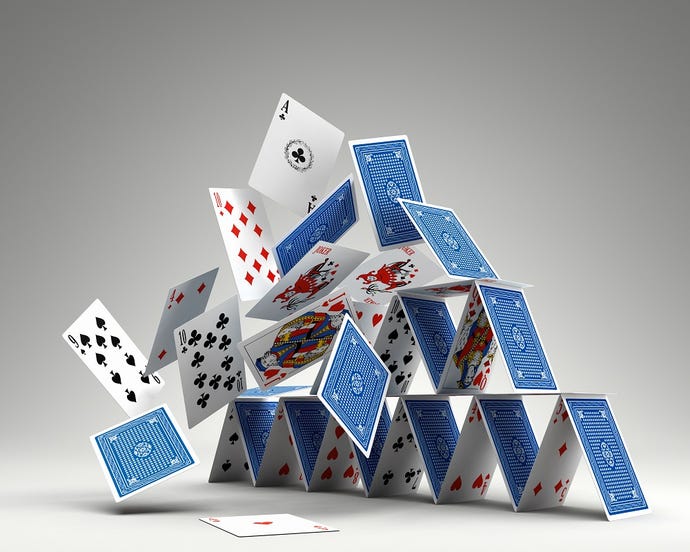 photorealistic 3D render of a house of cards collapsing