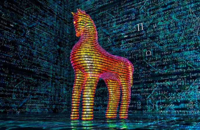 Image shows a golden horse constructed out of lines of computer code against a blue, green and black background