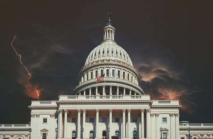 storm clouds gather over Capitol building