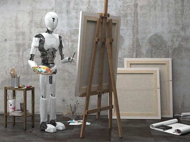 AI robot painting on easel