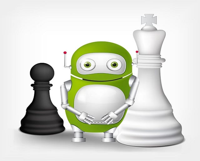 green robot with a small black chess piece and a large white chess piece