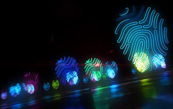 Illustration of a forest of glowing abstracted fingerprints against a black background