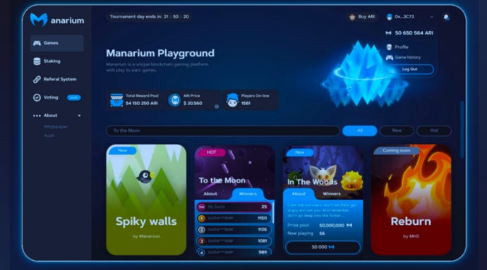 The Manarium P2E game platform's client home screen