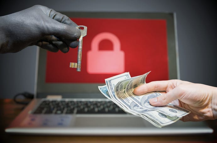 Image shows one hand holding money and another hand holding a key over a computer keyboard with a padlock showing on the screen