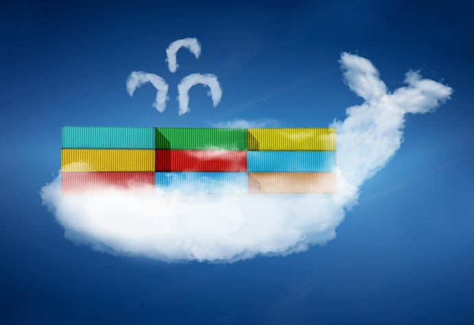 Group and stack of containers in the cloud whale - transportation or computing development DevOps Docker concept
