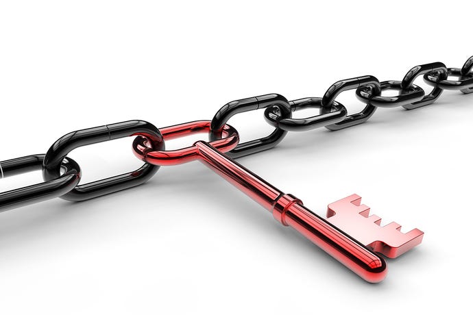 Red key forms a link in a black chain on a white background