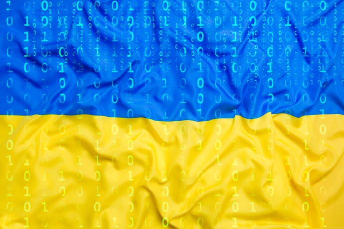Image of Ukraine flag with code superimposed to illustrate network cybersecurity in the country