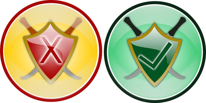 Two shields--one with red x, one with green check mark