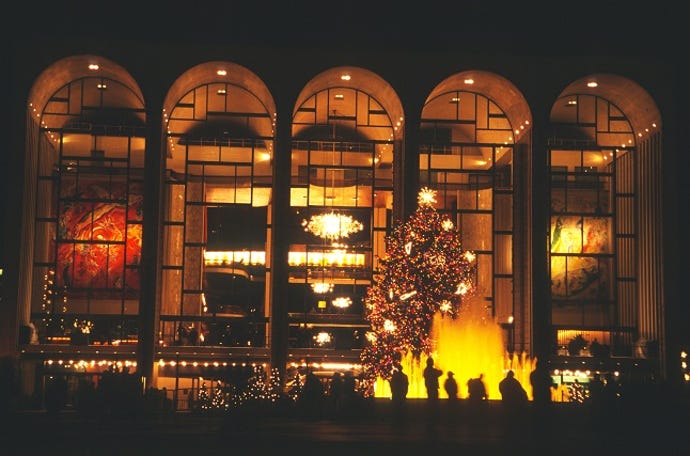 The Metropolitan (the Met) opera house in New York at Christmas time.