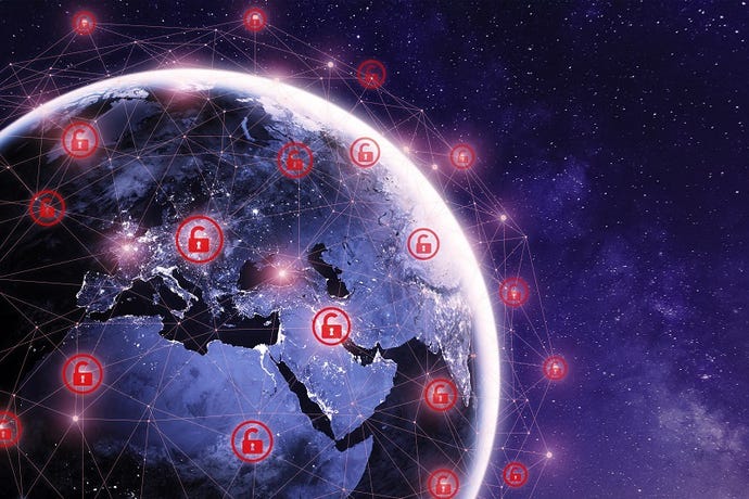 Global ransomware threat illustrated by open lock icons in red superimposed on image of Earth