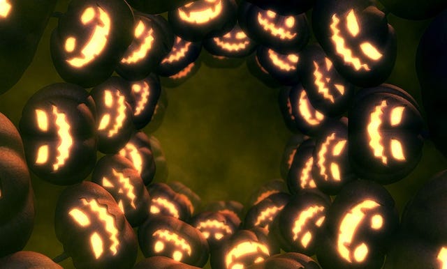 Jack o lantern pumpkins face glow lights tunnel and mystic fog