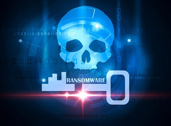 The word "ransomware" with a skull and key